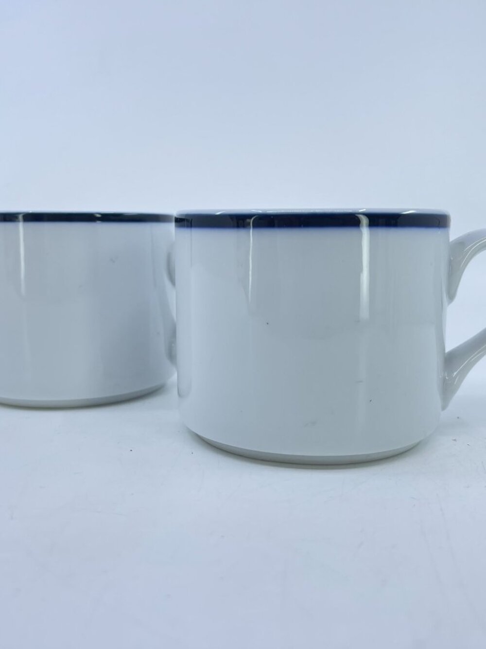 vintage dansk bistro coffee cup white with blue rim made in portugal set of 2